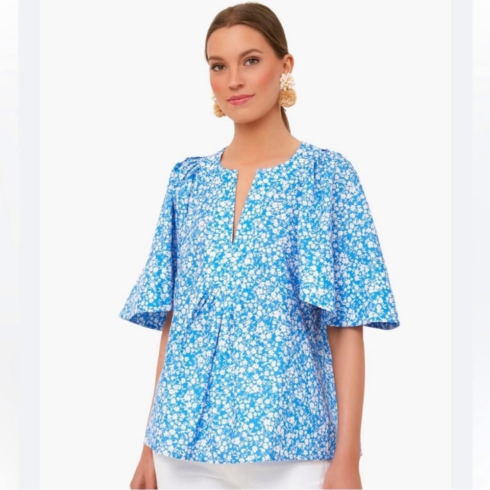 Tuckernuck Blue and White Flutter Sleeve Blouse